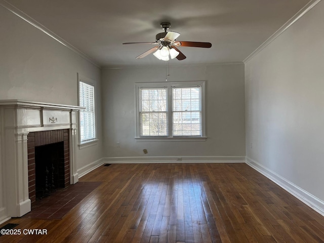 unfurnished living room with a fireplace, a ceiling fan, baseboards, ornamental molding, and dark wood-style floors