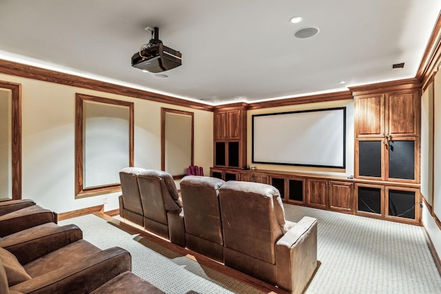 home theater with carpet floors, baseboards, crown molding, and recessed lighting