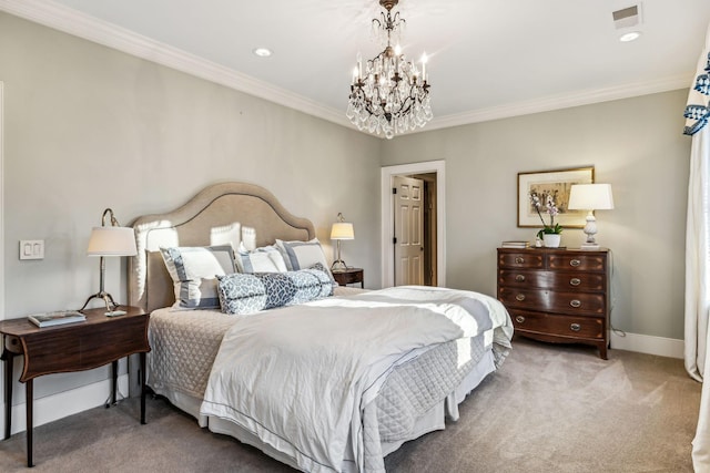 bedroom with baseboards, ornamental molding, carpet floors, a notable chandelier, and recessed lighting