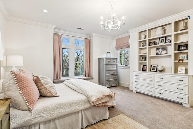 bedroom featuring recessed lighting, visible vents, ornamental molding, light carpet, and a chandelier