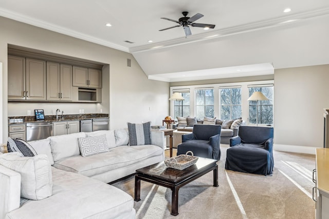 living area featuring light carpet, recessed lighting, baseboards, and crown molding