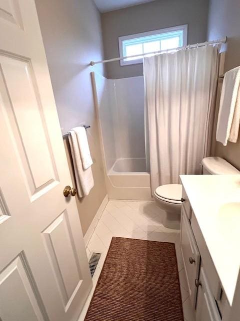 bathroom featuring tile patterned flooring, visible vents, toilet, shower / tub combo, and vanity