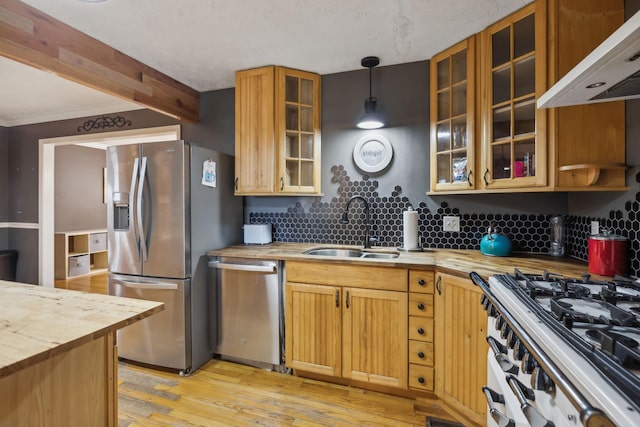 kitchen featuring under cabinet range hood, wood counters, stainless steel appliances, and a sink