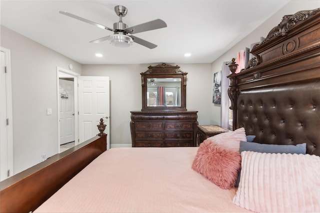 bedroom with a ceiling fan and recessed lighting