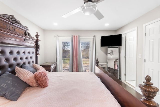 bedroom with access to exterior, recessed lighting, ceiling fan, and wood finished floors