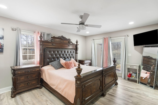 bedroom with access to outside, ceiling fan, light wood-style flooring, and recessed lighting