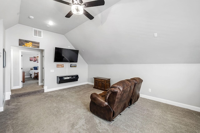 living room with lofted ceiling, visible vents, a ceiling fan, carpet flooring, and baseboards