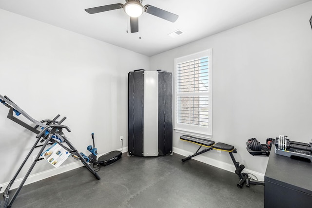 exercise area with a ceiling fan, visible vents, and baseboards