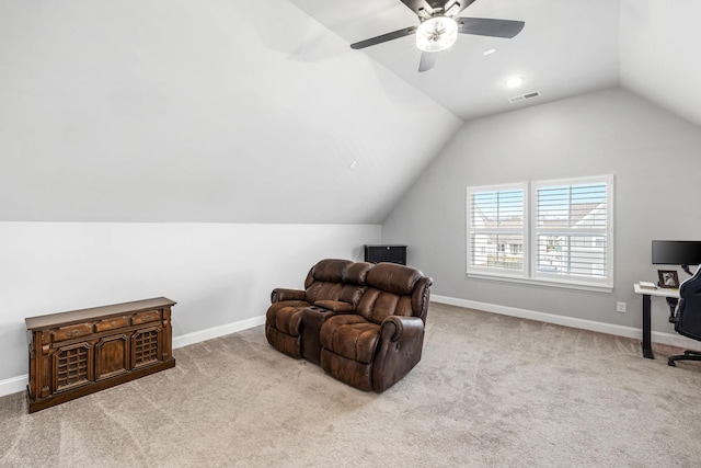 sitting room featuring baseboards, visible vents, vaulted ceiling, and carpet flooring