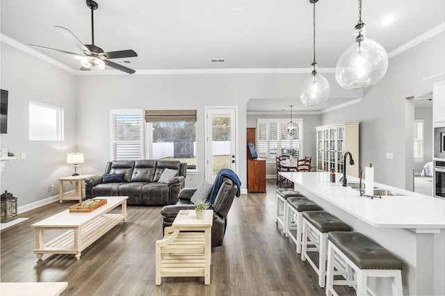 living room featuring a healthy amount of sunlight, visible vents, and dark wood-type flooring