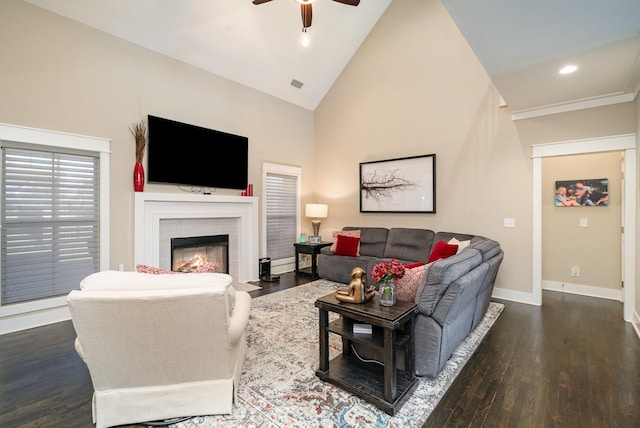 living area with visible vents, baseboards, wood finished floors, a fireplace, and high vaulted ceiling