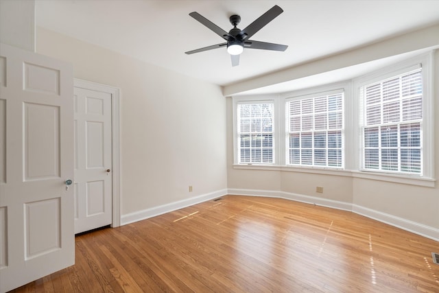 empty room featuring light wood finished floors, visible vents, baseboards, and ceiling fan