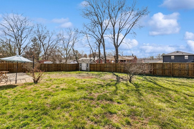 view of yard with a storage shed, a fenced backyard, a patio, and an outbuilding