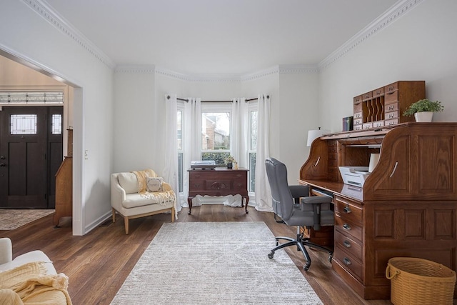 home office with baseboards, dark wood-type flooring, and crown molding