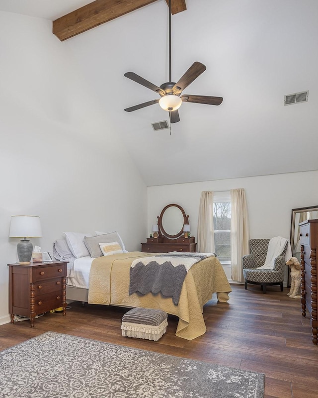 bedroom with high vaulted ceiling, beam ceiling, visible vents, and wood finished floors