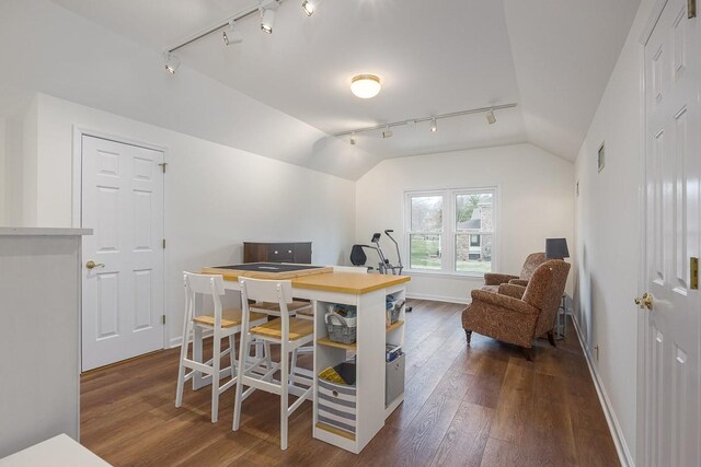 office area featuring lofted ceiling, dark wood finished floors, visible vents, and baseboards