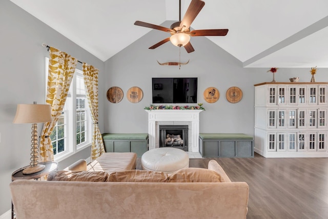 living room featuring vaulted ceiling, a fireplace, wood finished floors, and a ceiling fan