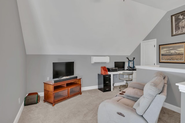 living room with light carpet, vaulted ceiling, a wall mounted air conditioner, and baseboards