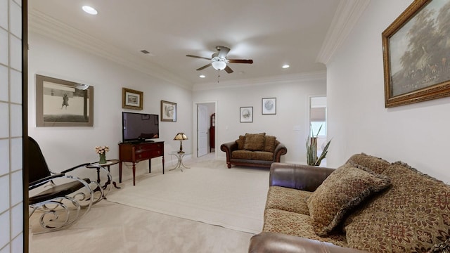 living room featuring recessed lighting, carpet flooring, crown molding, and ceiling fan