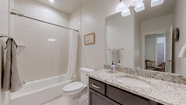 full bathroom with vanity, shower / bath combination with curtain, toilet, and tile patterned floors