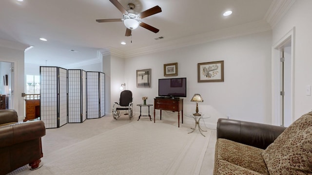 interior space featuring ornamental molding, light colored carpet, visible vents, and recessed lighting