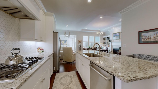 kitchen featuring stainless steel appliances, ornamental molding, white cabinetry, a sink, and extractor fan