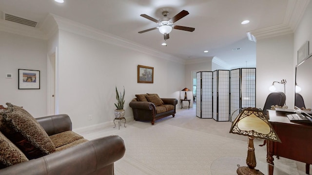 living room featuring light carpet, baseboards, visible vents, ornamental molding, and recessed lighting