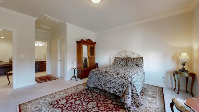 bedroom featuring ornamental molding, carpet flooring, and baseboards