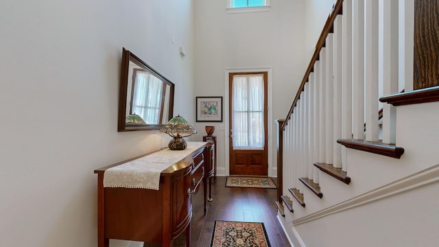 foyer with dark wood-type flooring, a wealth of natural light, a high ceiling, and stairs