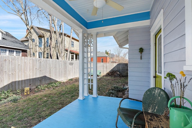 view of patio with a ceiling fan and a fenced backyard