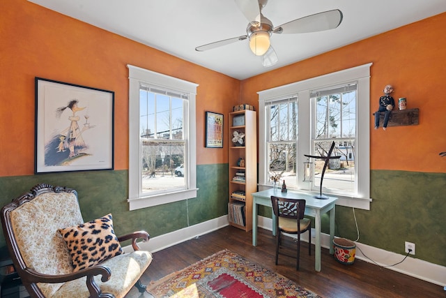 office space with ceiling fan, wood finished floors, and baseboards