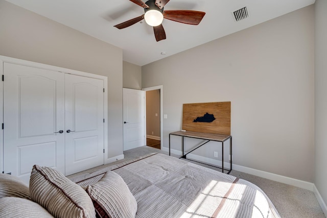 305 Seven Springs Way Unit 401, Brentwood, TN 37027 - bedroom featuring a closet, visible vents, carpet flooring, ceiling fan, and baseboards