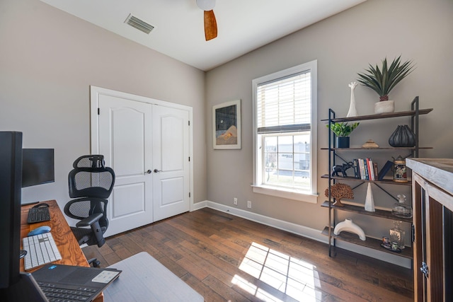 305 Seven Springs Way Unit 401, Brentwood, TN 37027 - office area featuring a ceiling fan, hardwood / wood-style flooring, visible vents, and baseboards