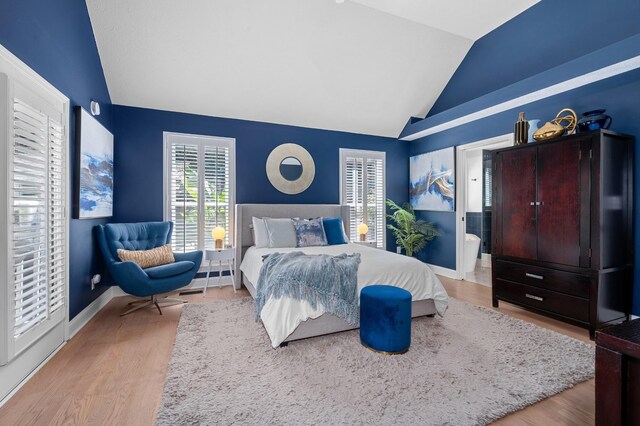 bedroom featuring lofted ceiling, baseboards, and wood finished floors