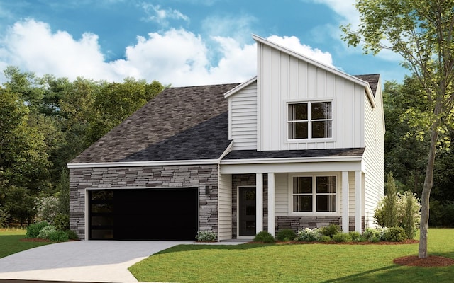 view of front of home featuring a garage, stone siding, driveway, a front lawn, and board and batten siding