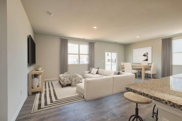 living area featuring recessed lighting, baseboards, and wood finished floors