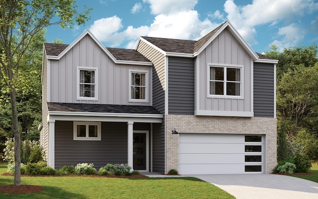 view of front of home featuring a garage, brick siding, board and batten siding, and a front lawn