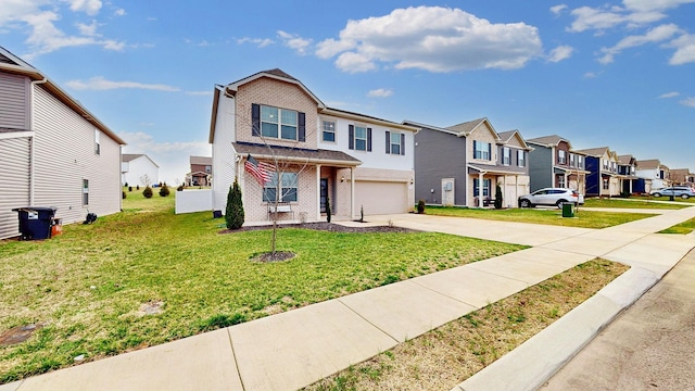 view of front facade with a residential view, brick siding, driveway, and an attached garage