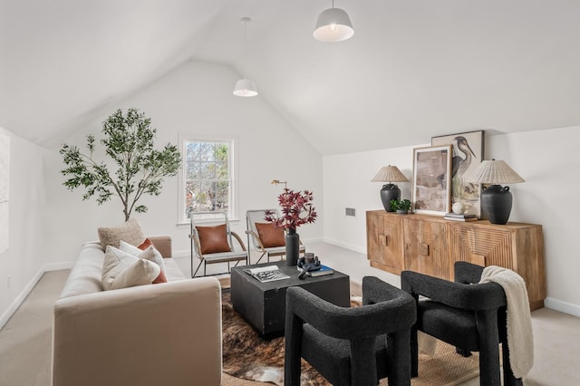 living area with vaulted ceiling, carpet, visible vents, and baseboards