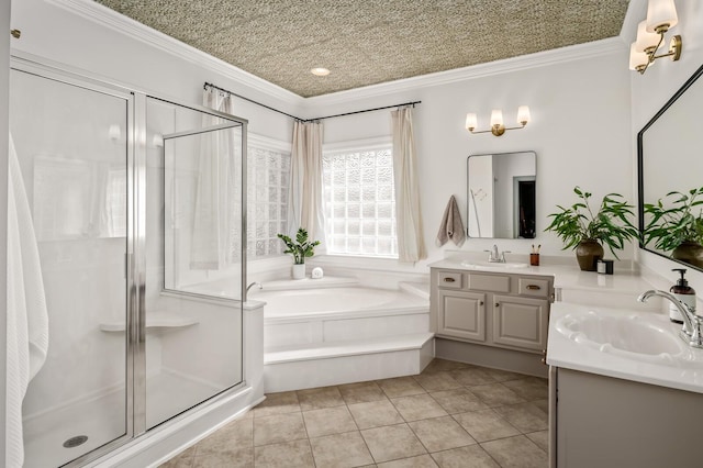 bathroom with ornamental molding, a shower stall, vanity, and a bath