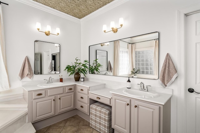 bathroom featuring vanity, crown molding, and tile patterned floors