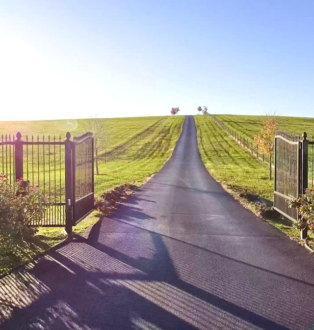 view of road featuring driveway, a gate, a gated entry, and a rural view