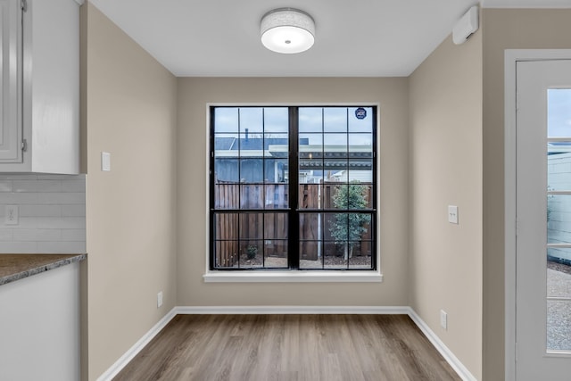 unfurnished dining area featuring baseboards, wood finished floors, and a healthy amount of sunlight