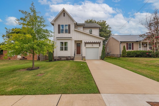 view of front of house featuring a garage, concrete driveway, crawl space, board and batten siding, and a front yard