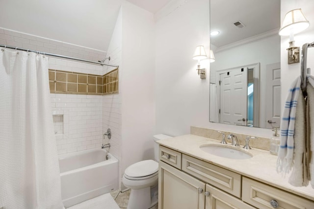 bathroom with visible vents, toilet, ornamental molding, shower / bath combination with curtain, and vanity