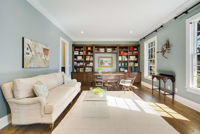 sitting room featuring crown molding, dark wood finished floors, and plenty of natural light