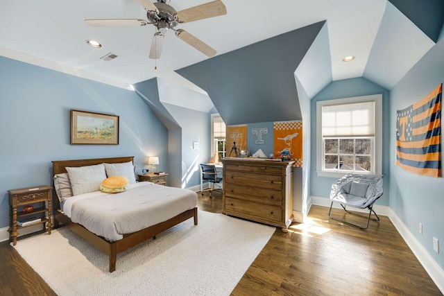 bedroom with recessed lighting, visible vents, vaulted ceiling, wood finished floors, and baseboards