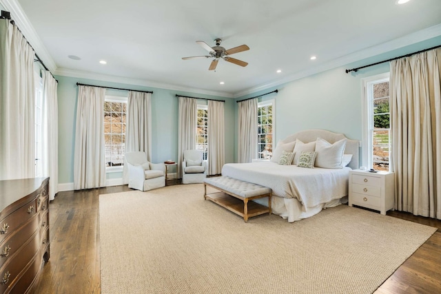 bedroom with recessed lighting, wood finished floors, and crown molding