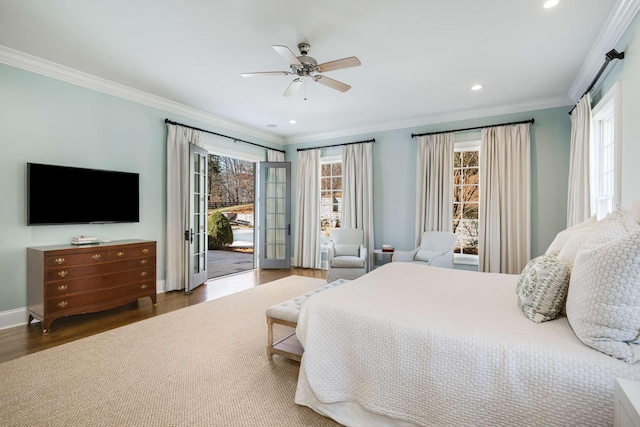 bedroom with access to exterior, recessed lighting, ornamental molding, wood finished floors, and baseboards