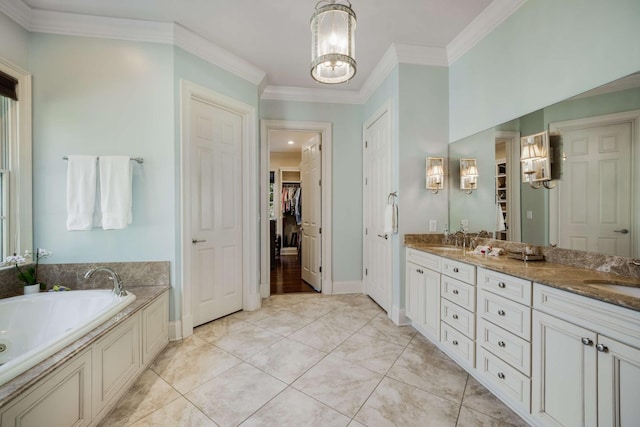 full bathroom featuring a sink, double vanity, ornamental molding, and tile patterned flooring